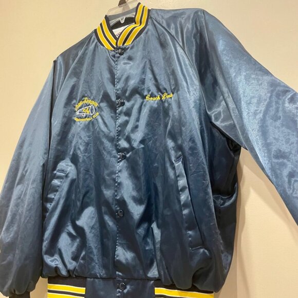 Y2K SATIN VARSITY BOMBER JACKET WESTSTARK TRENDY  SZ L BLUE/YELLOW MADE IN USA - Picture 16 of 16